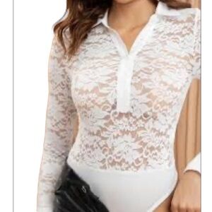 UNIO White Lace Long Sleeve Bodysuit Top Sz Large Women